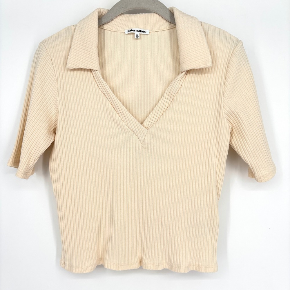 Reformation Ribbed V Neck Polo Knit Top Cream USA Made Stretch Slim Fit Modern M